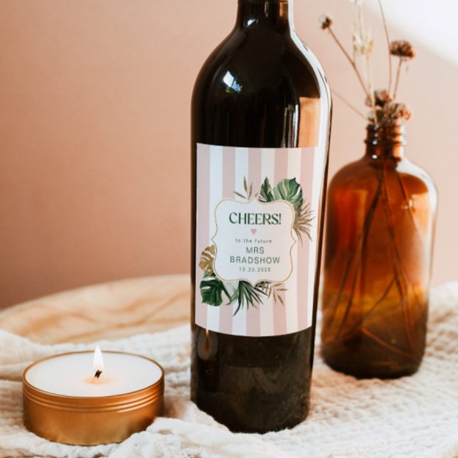 Étiquette Pour Bouteilles De Vin Rouge vert rétro rayures rose tropicale chic nupti (Créateur téléchargé)
