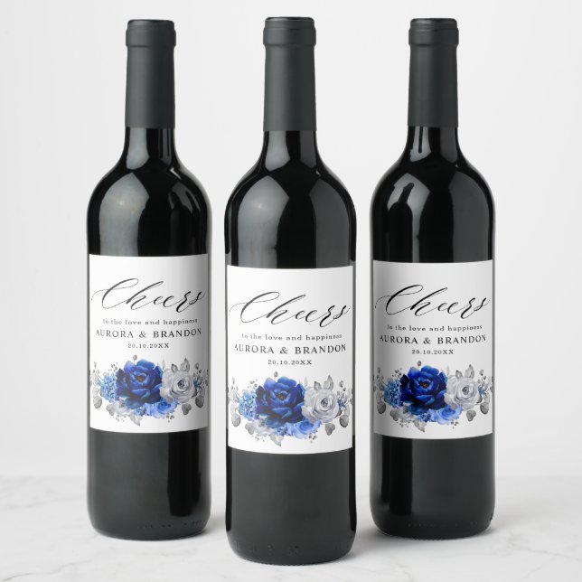 Étiquette Pour Bouteilles De Vin Royal Bleu Blanc Argent Métallique Floral Wi-Fi Ma (Bouteilles)