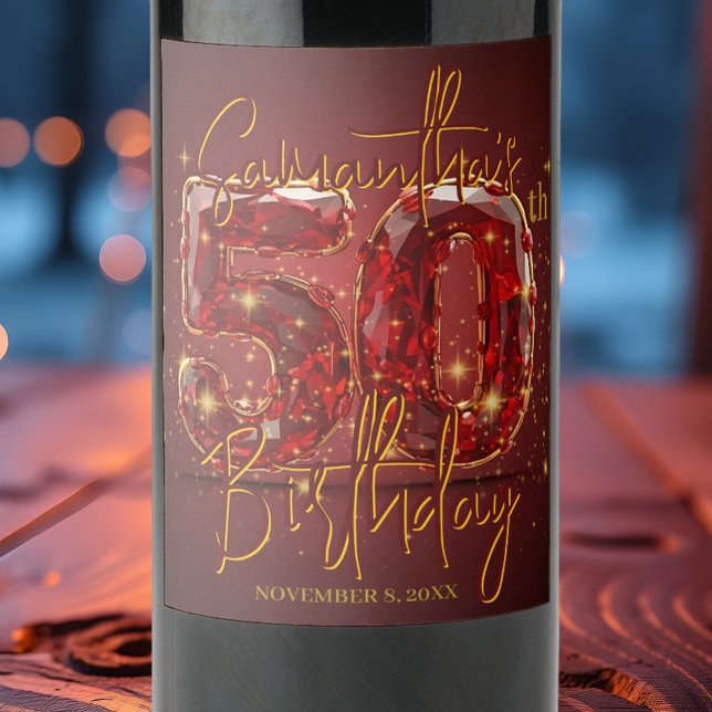 Étiquette Pour Bouteilles De Vin Ruby élégant et Gold Gemstone 50e anniversaire (Créateur téléchargé)