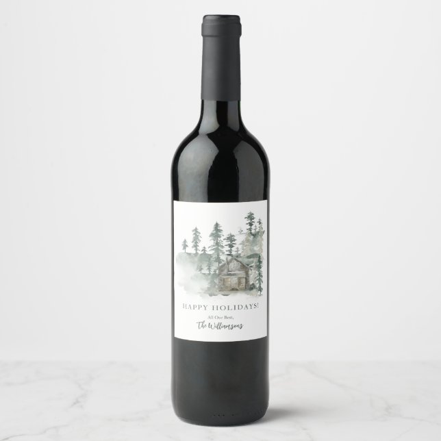 Étiquette Pour Bouteilles De Vin Russe Cabine aquarelle forêt vert personnalisé (Devant)