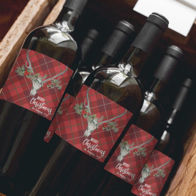 Étiquette Pour Bouteilles De Vin Russe Pays Reindeer Crâne & Garland Noël (Créateur téléchargé)
