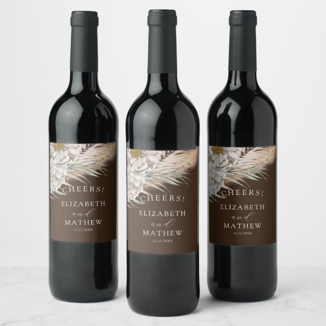 Étiquette Pour Bouteilles De Vin Rustic Brown Pampas & Floral Wedding  (Bouteilles)