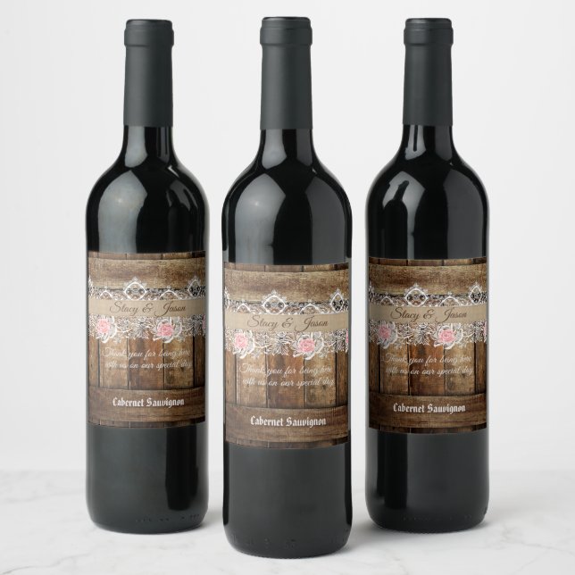 Étiquette Pour Bouteilles De Vin Rustic Grange Bois & Dentelle Mariage Faveur (Bouteilles)