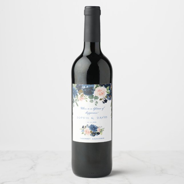 Étiquette Pour Bouteilles De Vin Rustic Navy Blue Blush Flowers Bloom Mariage (Devant)