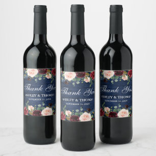 Étiquette Pour Bouteilles De Vin Rustique Bleu Bois Bourgogne Floral Mariage Merci