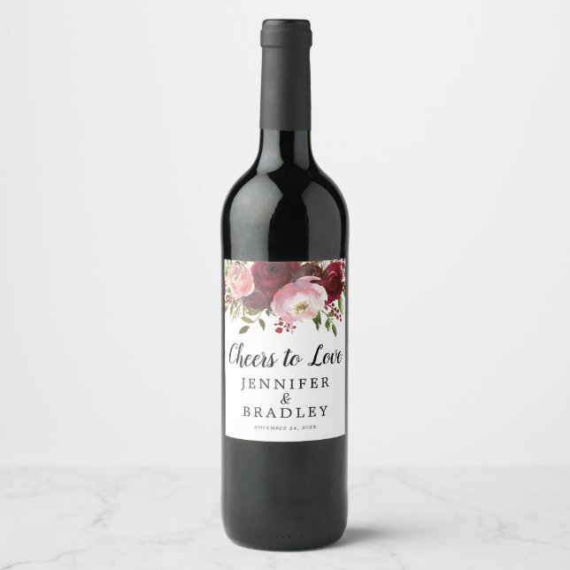 Étiquette Pour Bouteilles De Vin Rustique Bourgogne Blush Floral encourage à aimer (Devant)