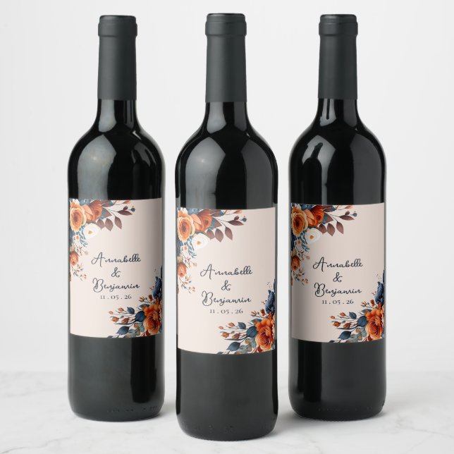 Étiquette Pour Bouteilles De Vin Rustique Burnt Orange et Mariage bleu (Bouteilles)