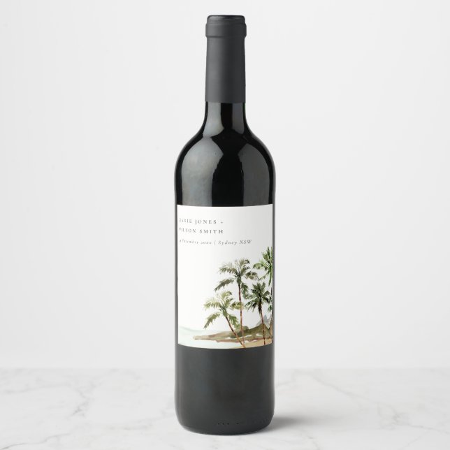 Étiquette Pour Bouteilles De Vin Rustique Tropical Palm Trees Beach Sand Mariage (Devant)
