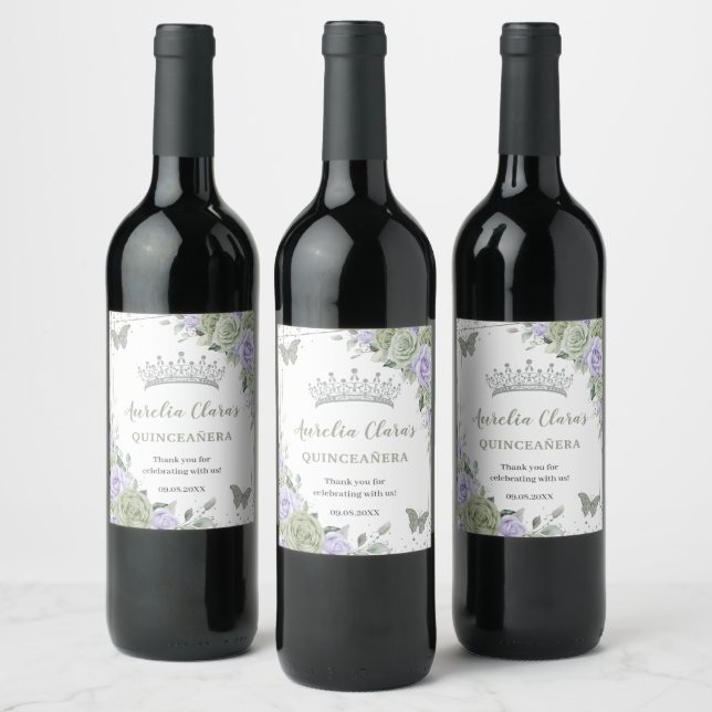 Étiquette Pour Bouteilles De Vin Sage Green Purple Floral Rose Quinceañera Annivers (Bouteilles)