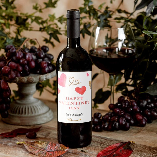 Étiquette Pour Bouteilles De Vin Saint Valentin Aquarelle Coeur (Personalize you Valentine's Day wine bottle with this customizable label. Perfect for gifts.)
