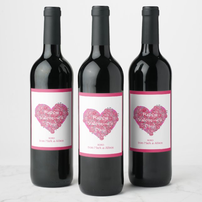 Étiquette Pour Bouteilles De Vin Saint Valentin Coeur et fleurs (Bouteilles)