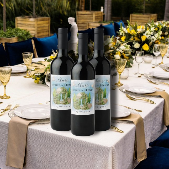 Étiquette Pour Bouteilles De Vin Salue Gazebo | fleurs colombes Mariage Luxe (Créateur téléchargé)
