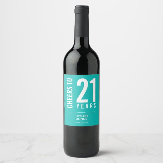 Étiquette Pour Bouteilles De Vin Salutations à 21 ans Turquoise (Devant)