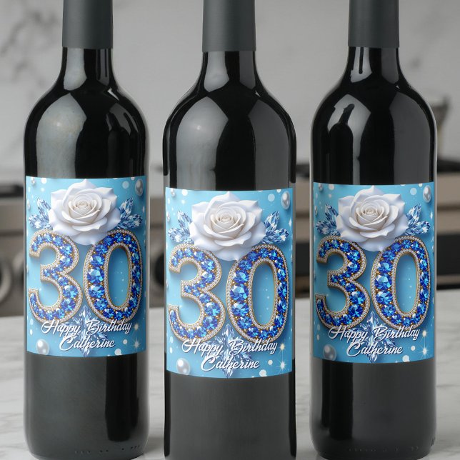 Étiquette Pour Bouteilles De Vin Sapphire étincelant Diamant et Rose 30e anniversai (Créateur téléchargé)