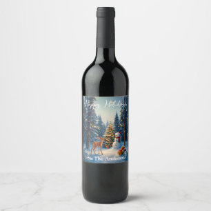 Étiquette Pour Bouteilles De Vin Scene d'arbre de Noël Cute Deer Fawn Snowman