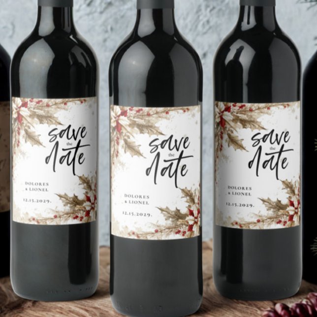 Étiquette Pour Bouteilles De Vin Script de Noël Enregistrer la date (Créateur téléchargé)
