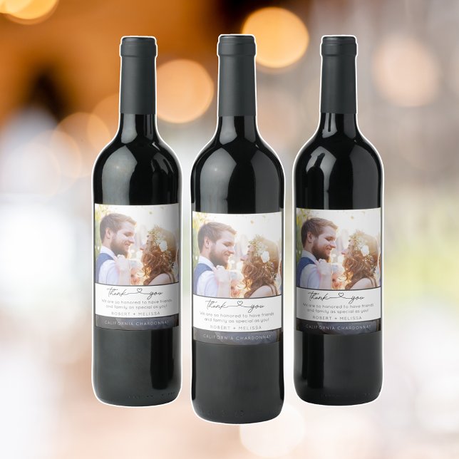 Étiquette Pour Bouteilles De Vin Script de photo de mariage Merci Favori (Wedding Photo Script Thank You Favor Wine Label)
