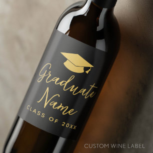 Étiquette Pour Bouteilles De Vin Script Grad Name avec Casquette - Graduation Black