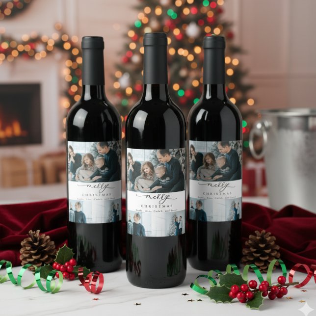 Étiquette Pour Bouteilles De Vin Script minimaliste moderne 3 Photo Joyeux Noël (Créateur téléchargé)