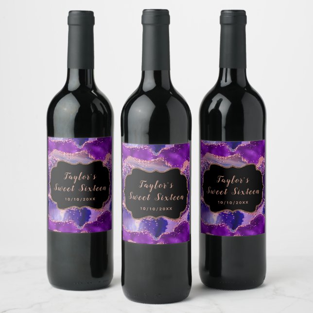 Étiquette Pour Bouteilles De Vin Séquins violets foncés et roses Agate Sweet sixtee (Bouteilles)