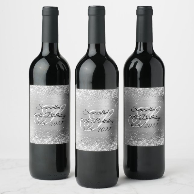 Étiquette Pour Bouteilles De Vin Silver Glittery Glam Foil 50e anniversaire (Bouteilles)