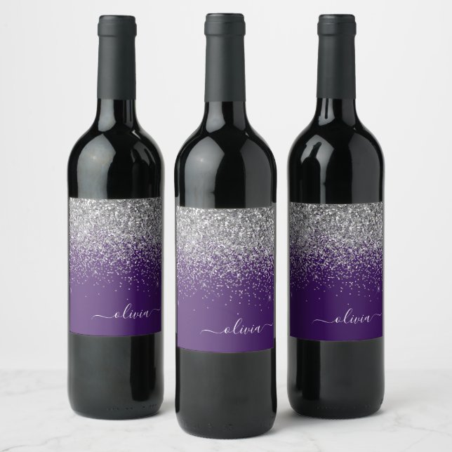 Étiquette Pour Bouteilles De Vin Silver Purple Parties scintillant Girl Monogramme  (Bouteilles)