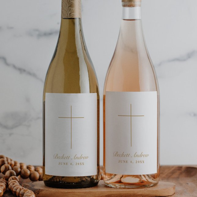 Étiquette Pour Bouteilles De Vin Simple Bapteme Croix Script Or (Simple gold cross script baptism wine or champagne labels.)