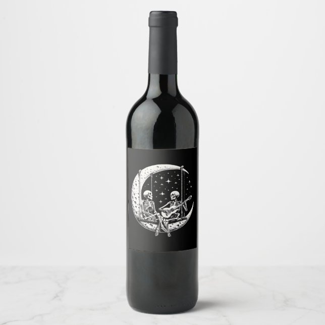 Étiquette Pour Bouteilles De Vin Skeleton Couple Moon Guitare (Devant)