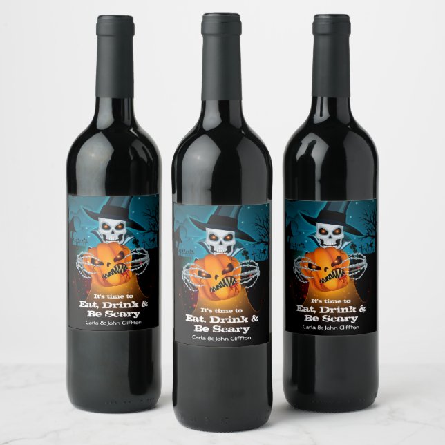 Étiquette Pour Bouteilles De Vin Skeleton effrayant et Halloween Citrouille (Bouteilles)