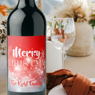 Étiquette Pour Bouteilles De Vin Snowflakes blancs Sparkh Bokeh sur Red Xmas