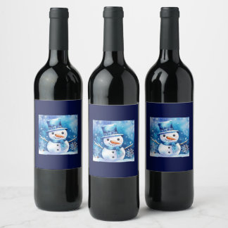 Étiquette Pour Bouteilles De Vin Snowman en bleu