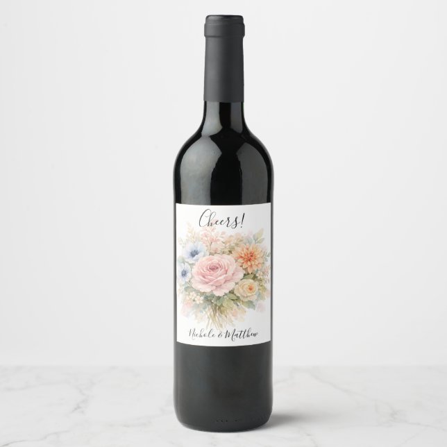 Étiquette Pour Bouteilles De Vin Soft Watercolor Floral Wedding (Devant)