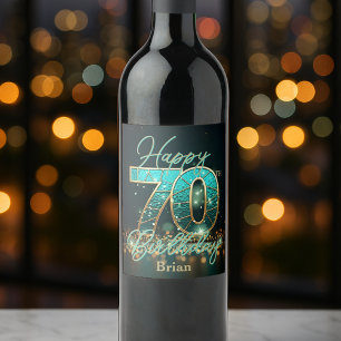 Étiquette Pour Bouteilles De Vin Sophistiqué Turquoise et métal or 70e anniversaire