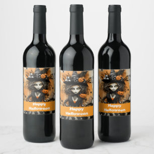 Étiquette Pour Bouteilles De Vin Sorcière d'Halloween avec citrouilles