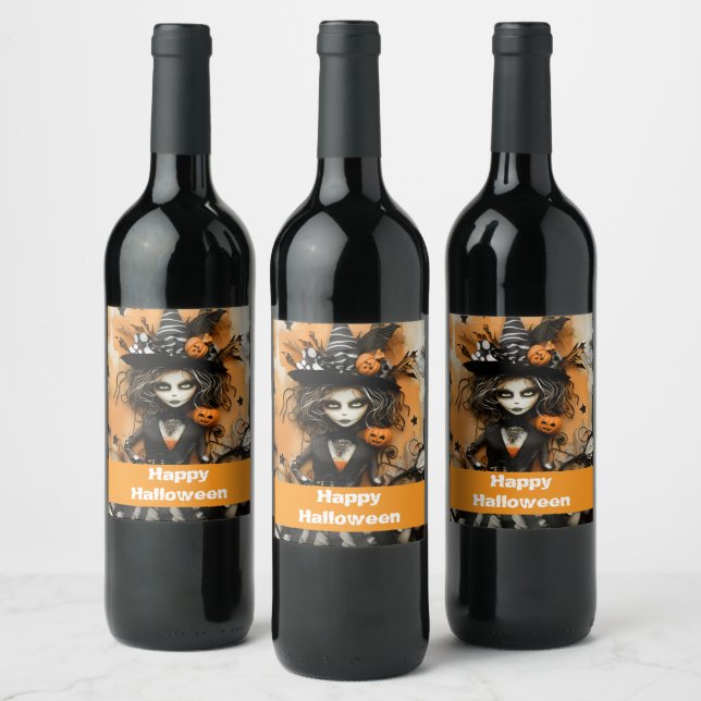 Étiquette Pour Bouteilles De Vin Sorcière d'Halloween avec citrouilles (Bouteilles)
