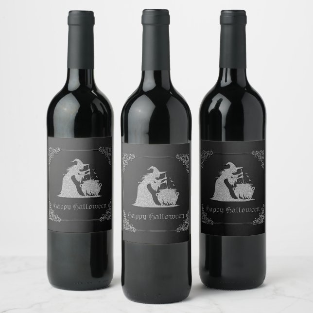 Étiquette Pour Bouteilles De Vin Sorcière en argent et Halloween Cauldron (Bouteilles)