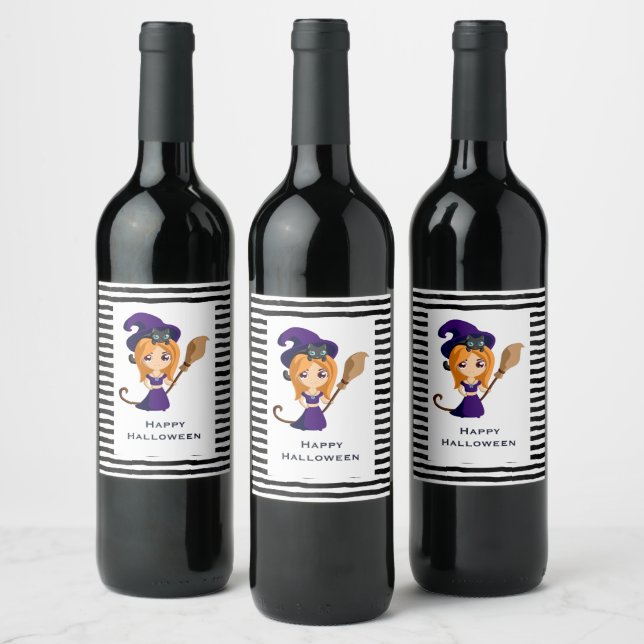 Étiquette Pour Bouteilles De Vin Sorcière mignonne en Casquette violet Halloween (Bouteilles)
