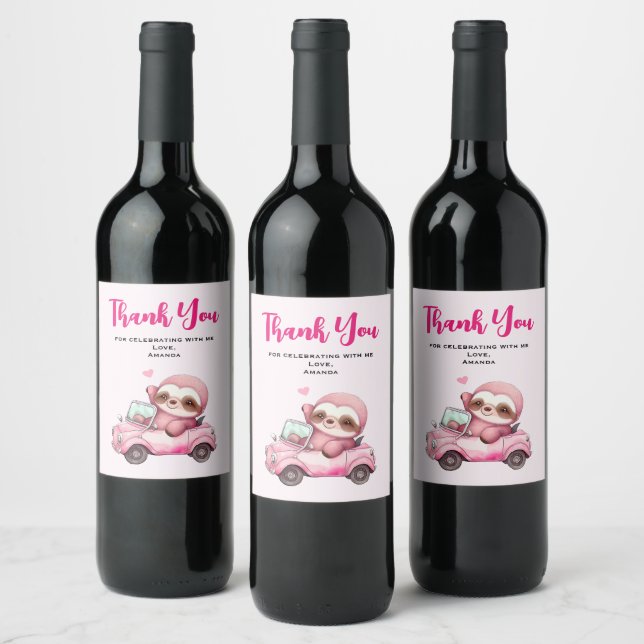 Étiquette Pour Bouteilles De Vin Sourire rose Sloth conduisant un Merci convertible (Bouteilles)