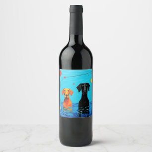 Étiquette Pour Bouteilles De Vin Sous l'Horizon Bleu - Chiens surréalistes et color