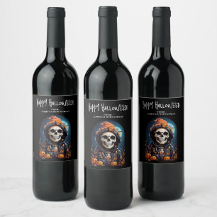 Étiquette Pour Bouteilles De Vin Squelette éffrayant avec Citrouilles mal