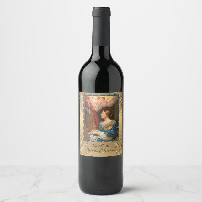 Étiquette Pour Bouteilles De Vin St. Cecilia Patron de Musiciens Gold Elegant (Devant)