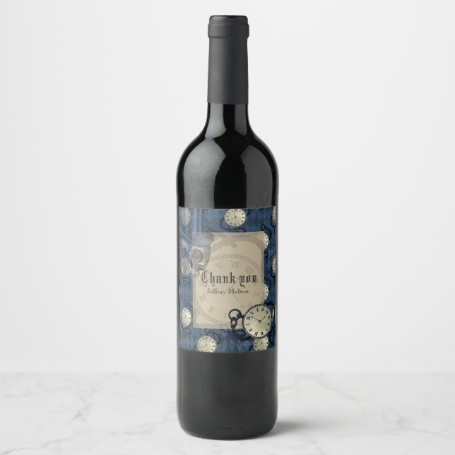 Étiquette Pour Bouteilles De Vin Steampunk bleu gothique Horloges & crânes (Devant)
