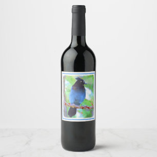 Étiquette Pour Bouteilles De Vin Steller's Jay Painting - Art original pour oiseaux