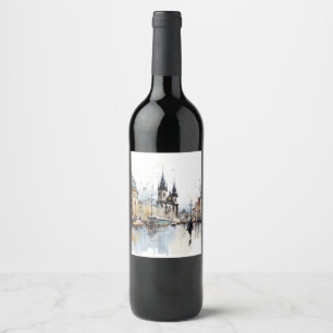 Étiquette Pour Bouteilles De Vin Street aquarelle Prague