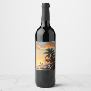 Étiquette Pour Bouteilles De Vin Style Vintage Hawaïen Voyage Côte Mer Coucher de S