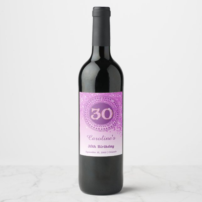 Étiquette Pour Bouteilles De Vin Stylish Falling Pink Glitter 30th Birthday (Devant)