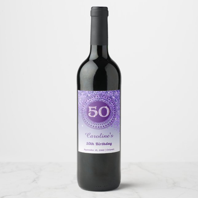 Étiquette Pour Bouteilles De Vin Stylish Falling Purple Glitter 50th Birthday (Devant)