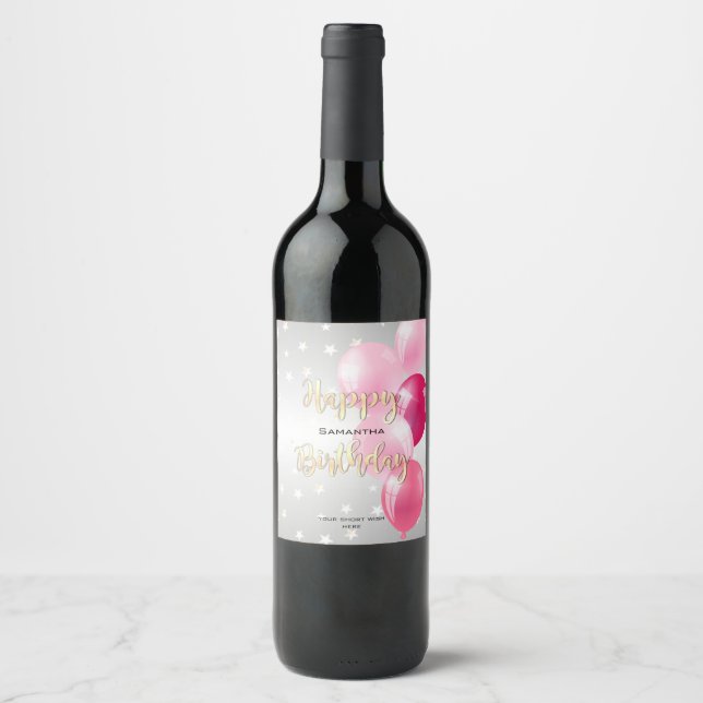 Étiquette Pour Bouteilles De Vin Stylish Starry Joyeux anniversaire et ballons rose (Devant)