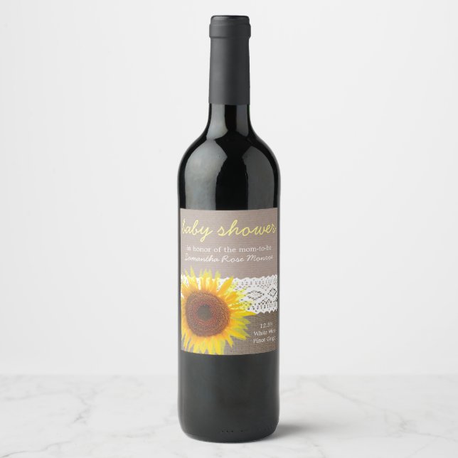 Étiquette Pour Bouteilles De Vin Sunflower Burlap & Crochet Lace Baby shower (Devant)