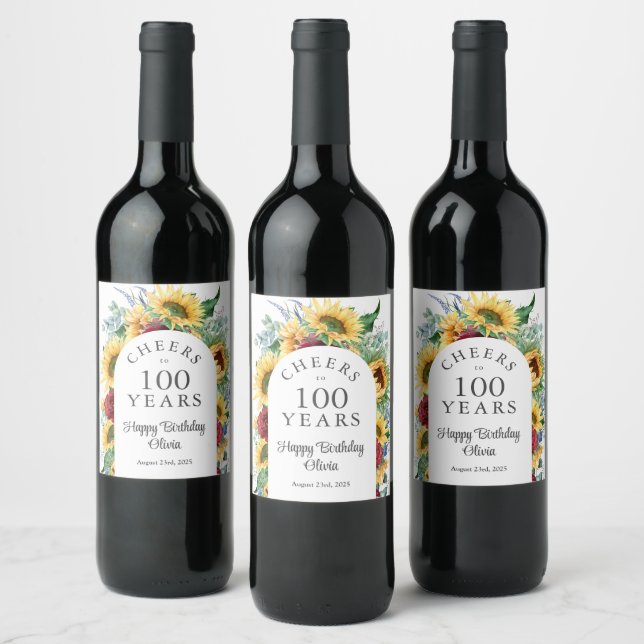 Étiquette Pour Bouteilles De Vin Sunflower encourage à 100 ans anniversaire (Bouteilles)
